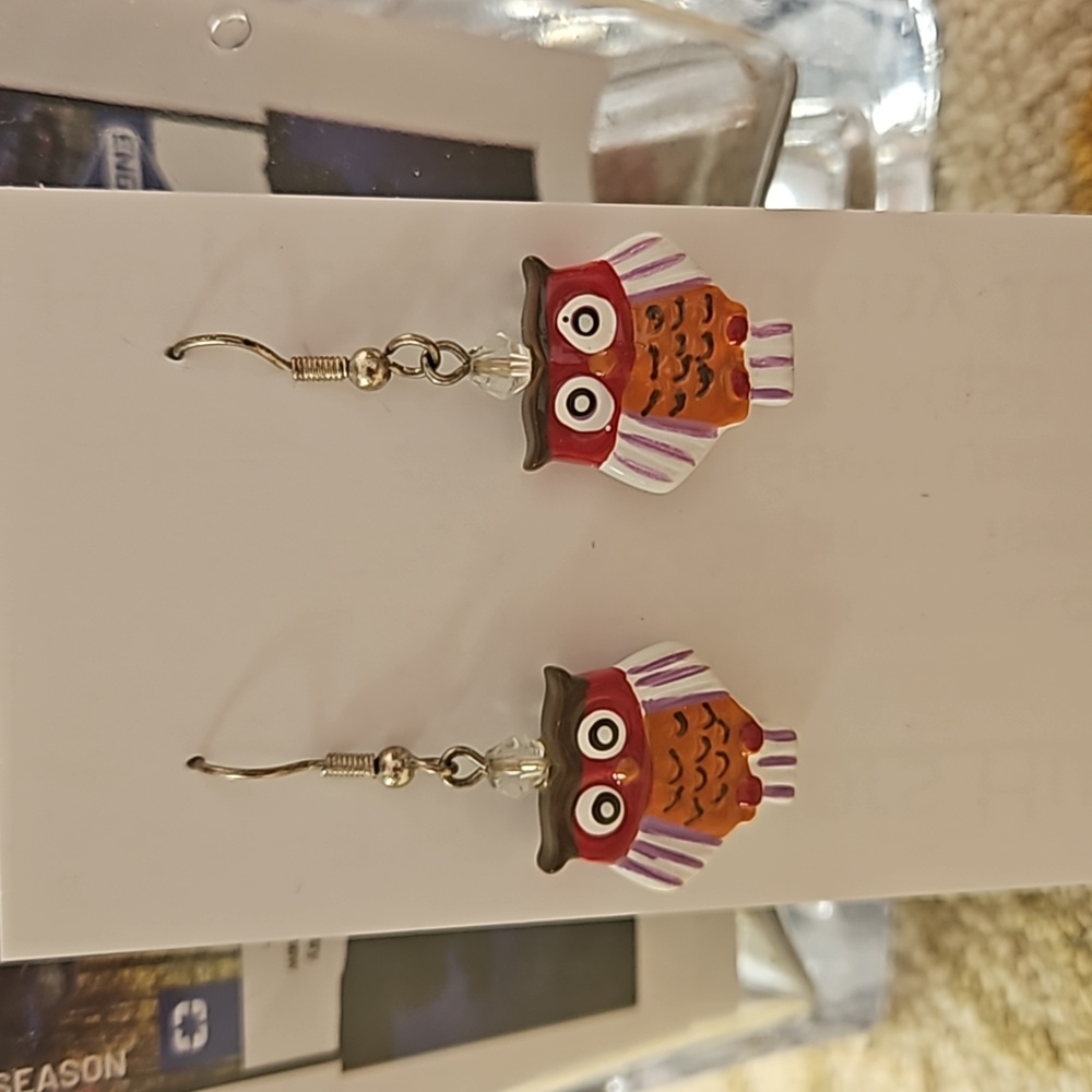 Hand painted wooden owl earrings